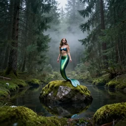 mermaid on a rock in a pond in the middle of the forest, fir trees, moss, fog, dramatic atmosphere, highly detailed, cinematic lighting, perfect composition artem demura