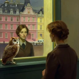a portrait of a lonely woman and her owl, looking in the mirror inspired by edward hopper and grand budapest hotel