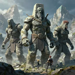 stone giants lumbering in the forbidden mountains. greg rutkowski, andreas achenbach, artgerm, mikko lagerstedt, zack snyder, tokujin yoshioka