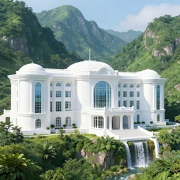 Gorgeous super huge white palace with big windows and columns built in the green giant mountains with very small waterfall, hyperdetailed, artstation, cgsociety, 8k