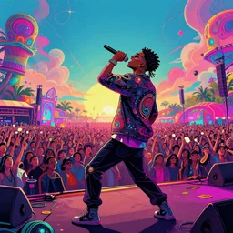 rapping on stage at festival, holding microphone, giant crowd, epic pose, profile view, psychedelic hip hop, surreal, neon, vaporwave, detailed, illustrated by Alex Grey, 4k