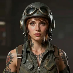 portrait of a tattooed retrofuturistic female fighter pilot in a flight suit and scratched and tattered vintage grey flight helmet science fiction digital paul lehr, cryengine