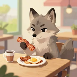 a cute anthropomorphic maned wolf girl having a bacon and eggs breakfast at the quiet and cheery local place. league of legends splash art