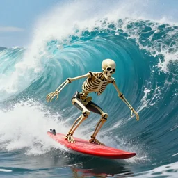 a skeleton surfing, huge waves, red surfboard, high quality digital art, trending on artstation, skeleton