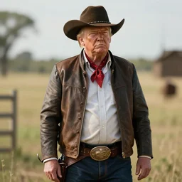 highly detailed trump as a far west cow boy, 1 8 6 5 photography. he has a belt and hat. hyper realistic, unreal engine 5, 8 k render.