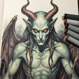 fine detail, black ink & copic markers, vibrant muted colors, disturbing grunge still of a [ lovecraftian demon infested ] [ baphomet ], [ mystic, shamanic and psychedelic lsd trippy dreamy art ], by arthur adams, by tom bagshaw, by henry asencio, by kikuchi hideyuki
