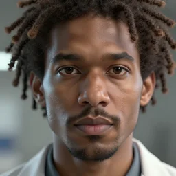 incredibly realistic, too detailed face of a researcher dude, dreadlock afro, octane render, bump mapping, macro image, global illumination, 8 k, bokeh, enki bilal, yuji himukai, jen zee, peter mohrbacher