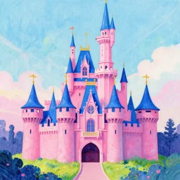a drawing of a pink and blue castle, a storybook illustration by tove jansson, tumblr, psychedelic art, concept art, storybook illustration, whimsical