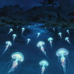 glowing jellyfish immigration in a river, evocative, mystical night, detailed, award - winning, trending on artstation artwork by makoto shinkai and james gurney,