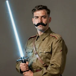 portrait photo of russian revolutionary commander in khaki military tunic wearing papaq with black moustache and shaved chin, holding a lightsaber, handsome, highly detailed, digital painting, artstation, concept art, smooth, sharp focus, illustration, art by gaston bussiere and alphonse mucha