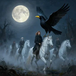 happy full moon! 🌕✨, by anne stokes and kaja foglio, a black bird with a yellow beak, the ghostly horsemen ride through the misty forests in eternal silence, by esao andrews, steampunk heaven, by michael komarck and john howe, lovecraftian, artstation hd, d & d, detailed painting, i dream of the machine