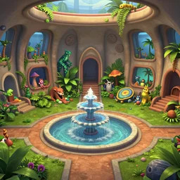 interior view asimov mars habitat flora fauna fountain the sims 4 by syd mead, frank frazetta, ken kelly, simon bisley, richard corben, william - adolphe bouguereau