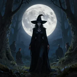 a dark witch in front of the full big moon, fantasy forest, by james gurney, brad kunkle, charlie bowater, highly detailed digital art, artstation