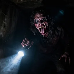A vile creature in the dark is illuminated by a flashlight, scary scene, top horrible creatures, horrible, horrors filmed on camera, fangs and drool, jaw and tongue, man is terrified, fear, darkness, basement, 8k, hyper-realistic, ray tracing, night, flashlight