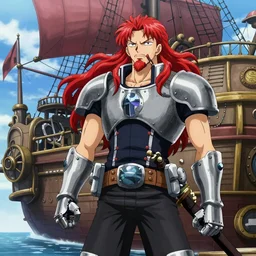male sky-pirate with long red hair and beard in front of a steampunk airship, full metal alchemist, anime style