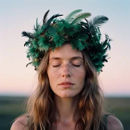 A analog head and shoulder frontal portrait photography of a freckled woman wearing an intricate green feathers crown by Annie Leibovitz. Long hair. eyes closed. soft gradient pastel color background. sunshine. Kodak Color Plus 200 film. Icelandic mood. detailed. hq. realistic. Rembrandt light style. swirly bokeh. warm light. muted colors. lens flare. photoreal. Leica M9, canon EOS R3, f/1.4, ISO 200, 1/160s, 8K, RAW, unedited, symmetrical balance, in-frame