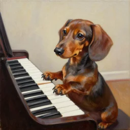 cute dachshund playing the piano, detailed painting, weiner dog, oil on canvas, adorable, wide angle shot, very detailed