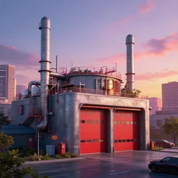 a beautiful ultradetailed render of fire station industrial architecture architecture nature building city by zaha hadid, at dawn scumm bar galactic anime retrowave futuristic sunset, archdaily, wallpaper, highly detailed, trending on artstation.