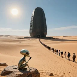 an enormous alien black monolith in the desert, a large line of people are walking toward it in a line! starting at the foreground and ending at the building, single file, in the foreground on a rock is an alien creature catching a fly with its tongue, two suns are in the sky, clear skies, volumetric light, hyperdetailed, artstation, cgsociety, 8k