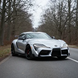 A Toyota supra parked in a road with trees, Winter season, Epic photography, taken with a Canon DSLR camera, 50 mm, depth of field