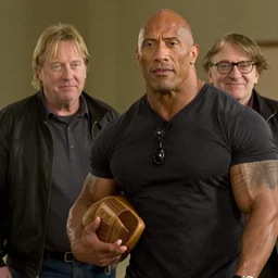 cinematic still of owen wilson as dwayne johnson, stephen hawking smiling in the background