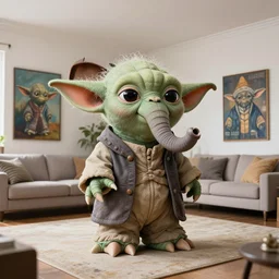 elephant yoda patriot potus, modern art placed in a large living room, art designers magazine HD photo superrealism 3d 8k resolution