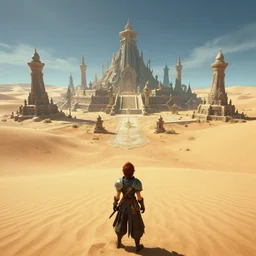 over the shoulder shot of character looking at the entrance of a godly ancient isolated sacred spiritual alien village built in the oasis of a vast sand desert, 3 rd person action adventure, screenshot, gameplay, final fantasy, square enix, jrpg, cutscene, unreal engine, 4 k, ultra high settings, rtx, next gen graphics, playstation 5, greg rutkowski