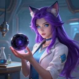 league of legends concept art beautiful young female scientist with neko ears holding spherical black hole in her hand, long purple hair, blue eyes, futuristic laboratory background interior, table with laboratory equipment, art by charles liu, closeup sideshot, fantasy style, soft lighting, vibrant color scheme, female portrait, ultra detailed, volumetric lighting, octane render, commission art, 8 k wallpaper