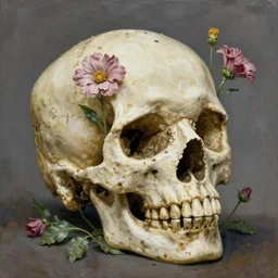 a painting by Thomas Cole of a skull with flowers growing out, highly detailed 3d rendering from 1996
