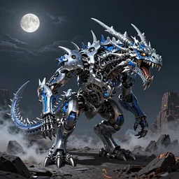 snarling mechanical dragonborn with silver and blue color scheme standing in a smoking crater, biomechanical, highly detailed, intricate, full body single character, centered, moonlit night, good value control, high contrast, cinematic, illustration, concept art