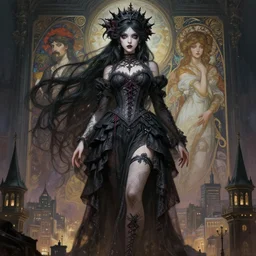 a giantess attractive goth girl standing over a city, cute, intricate, highly detailed, digital painting, artstation, concept art, smooth, sharp focus, illustration, unreal engine 5, 8 k, art by artgerm and greg rutkowski and alphonse mucha
