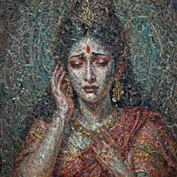 A cinematic crying portrait of a sad Hindu demon goddess of grief despair sorrow, by David Schleinkofer, by Wayne Barlowe, by Paul Lehr, by Bruce Pennington, by Zdzisław Beksiński, by HR Giger, oil on canvas, masterpiece, trending on artstation, featured on pixiv, cinematic composition, astrophotography, dramatic pose, beautiful lighting, sharp, details, details, details, hyper-detailed, no frames, 8K
