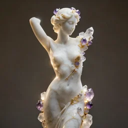 abstract female sculpture made of white marble and amethyst crystals quartz, ethereal lights, fine details, artstation, film still, rim light, cinematic photoshooting, luxury, golden filigree, octane render