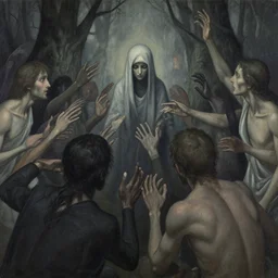 all souls trapped in purgatory are slowly vanishing but they are indifferent to it and embrace empathy, they can see you but won't reach you, many figures in the foreground, muted palette, in the style of kyosai, insanely detailed