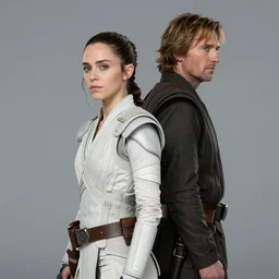 side view of daisy ridley as rey skywalker, standing back to back with liam neeson as qui - gon jinn, star wars movie poster