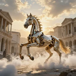 “biomechanical horse galloping through the streets of Byzantium surrounded by clouds, golden hour, steam, dramatic, cinematic, by Greg Rutowski”