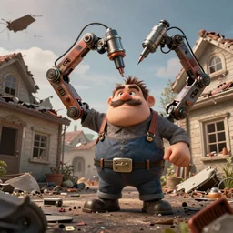 mechanical drill arms on grumpy chunky bald handyman with mustache, in a wrecked home, full body, bad acid trip, hyperrealistic digital art masterpiece, highly detailed neo pop surrealism, jason limon kay sage hannah yata, dramatic lighting, low angle, uhd 8 k, sharp focus