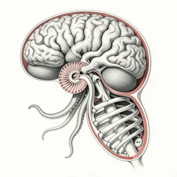 hyper-detailed color pencil antique medical illustration of Kaiju head cross-section, nautilus brain, golden ratio, ribcage, xenomorph, with tentacles coming out of open mouth and exposed jaw bone, cervical spinal column, vertebra, arteries, cerebral corpus callosum, interventricular foramen, symmetrical