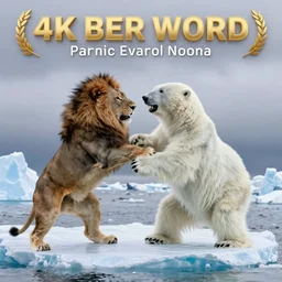 lion and polar bear fighting on an iceberg, 4K award winning nature photo