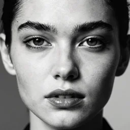 black and white vogue closeup portrait by herb ritts of a beautiful young model, lips, large eyes, eyebrows, high contrast