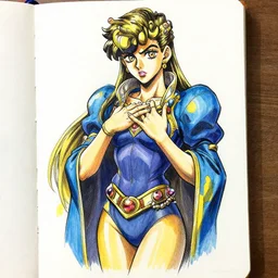 a jojo's bizarre adventure manga artstyle colorful sketch : Marie the mother of Jesus dressed in blue and yellow by hirohiko araki shonen jump, crisp details, realistic, featured on Artscape