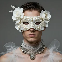 a futuristic man portrait covered by mask made of wires and pearl and white plastic flowers, necklace made by wires and gauzes twisted around neck, design by leonardo davinci, inspired by egon schiele, balenciaga, modern art, baroque art jewelry, new classic, fashion design, photorealistic, hyper realistic, cinematic composition, cinematic lighting, fashion design, concept art, hdri, 8 k -