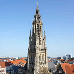 an extremely detailed panoramic photo of the utrecht dom tower. picture taken from a high altitude at sunset with a wide angle lens. canon drone shot 5 0 mm