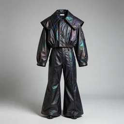 an award - winning editorial photo of an iridescent extremely baggy cropped short ancient medieval designer menswear leather police jacket with an oversized large collar and baggy bootcut trousers designed by alexander mcqueen, 4 k, studio lighting, wide angle lens