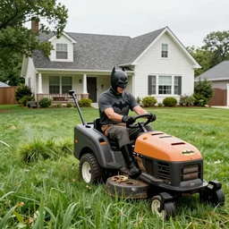 batman driving lawnmower, property with tall grass being mowed, photograph 4 k