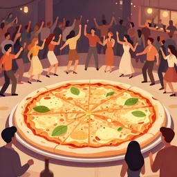 a crowd of people dancing in a big party over a giant pizza