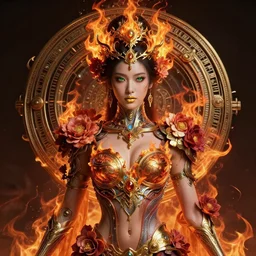 front full body of a beautiful oriental cyborg warrior woman, green eyes, gold lips, entwined in flowers and fire, crown of fire, highly detailed, sci - fi, intricate time machine, decadent, highly detailed, octane render, concept art, smooth, sharp focus, hyper - realistic