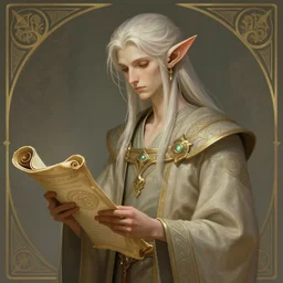 an elf, perhaps an ambassador or teacher from an ancient land? slender and tall, with odd shaped ears, and a quiet dignity. pale fine hair. likely dressed in robes and perhaps bearing a scroll or magical object. they listen first, talk later, deep focus, d & d, fantasy, intricate, elegant, highly detailed, digital painting, artstation, concept art, matte, sharp focus, illustration, hearthstone, art by artgerm and greg rutkowski and alphonse mucha
