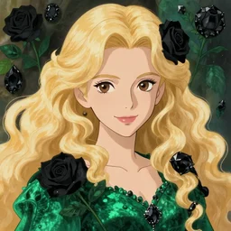 young blond vampire girl, goddess of green velvety malachite and obsidian diamonds and black roses with long curly, golden hair, perfectly proportioned face, brown eyes, sweet smile, strong jawline,, natural lighting, path traced, highly detailed, high quality, cartoon, digital painting, by new haicheng and studio ghibli and alphonse mucha