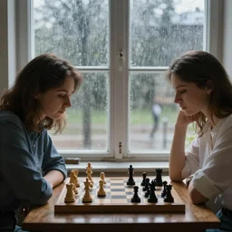 two women playing chess in Ukraine. its raining outside and thundering window is visible. dreamy and ethereal. photography
